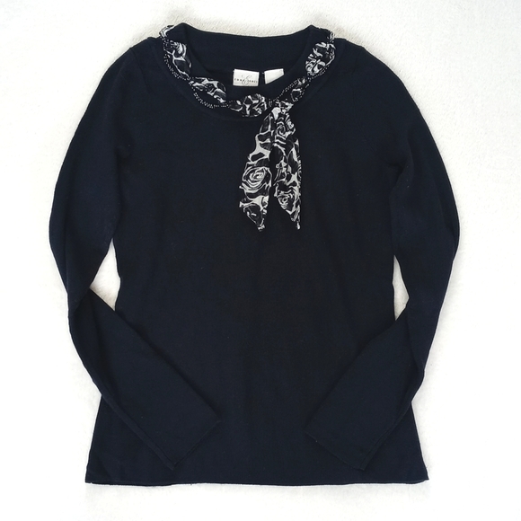 Emma James Nylon Rayon Deep Navy Blue Long Sleeve Sweater Silk Beaded Bow Trim S - Picture 9 of 10